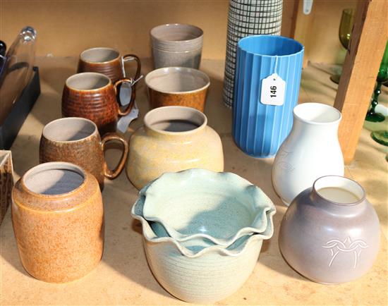 Poole Studio Pottery tall geometric vase, a blue ribbed vase and various vases and mugs (Q)